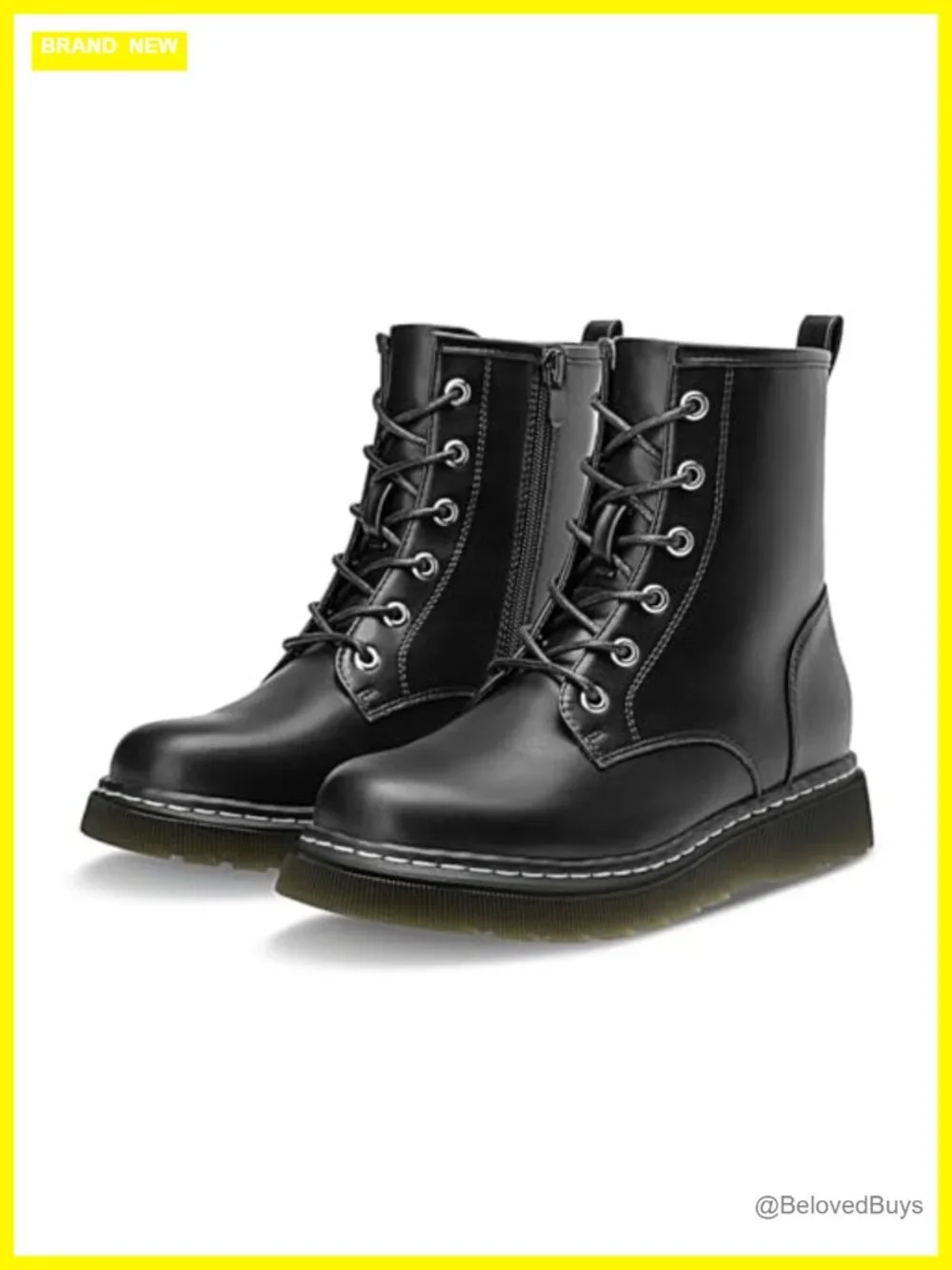 Faux Leather Lace-Up Ankle Boots with Side Zipper, Low Platform Heel, Waterproof